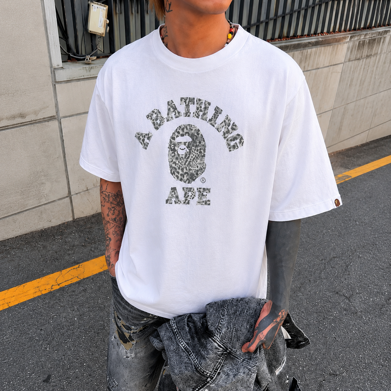 BAPE Wild Leopard Pattern College Tee FW25 White Grey