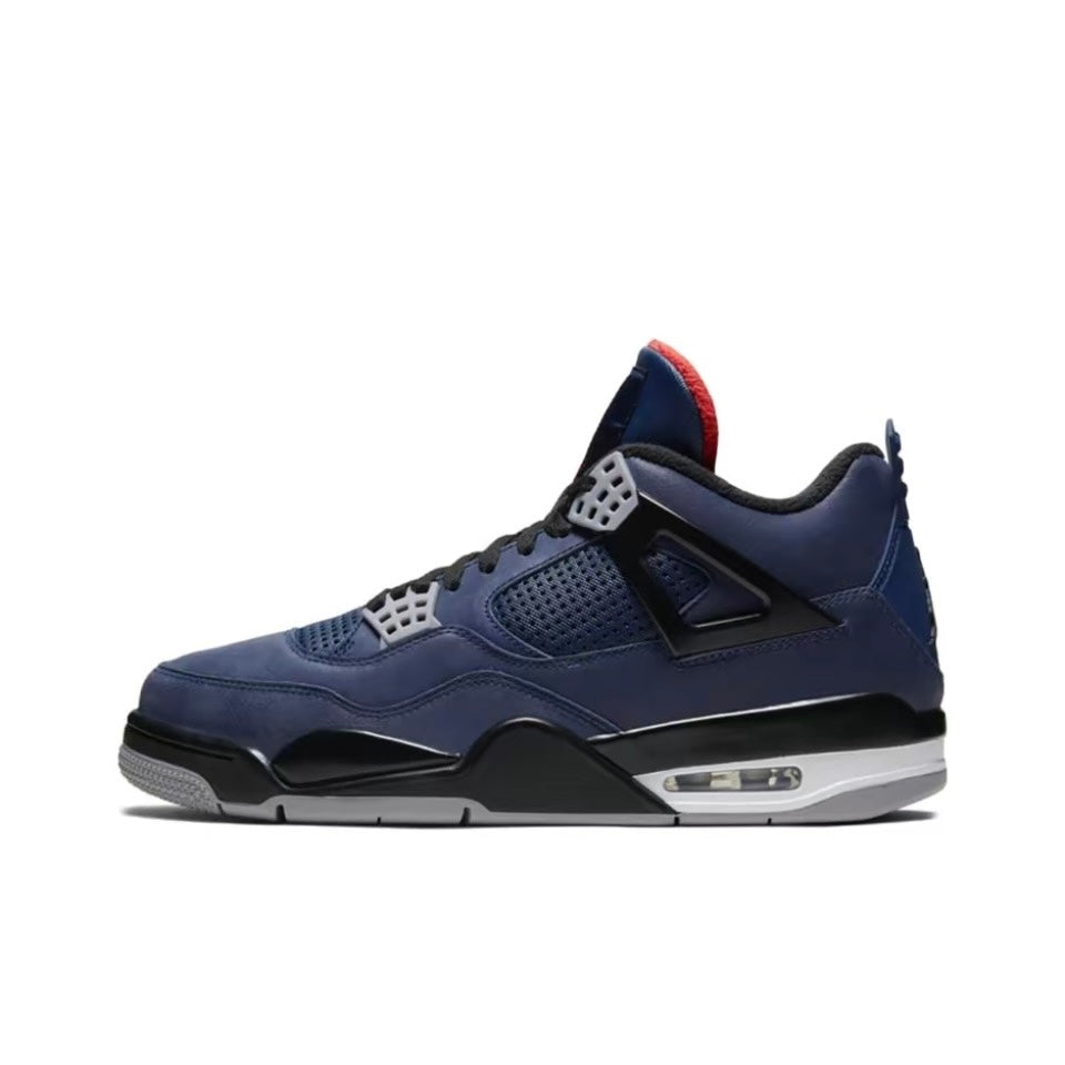 A blue and black Jordan 4 Retro Winterized sneaker with red accents and a white midsole.
